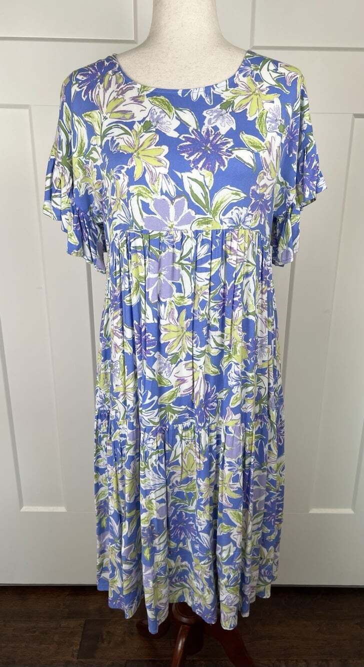 Easel Floral Tiered Midi Dress Small Blue Purple Green Flutter Sleeve Boho
